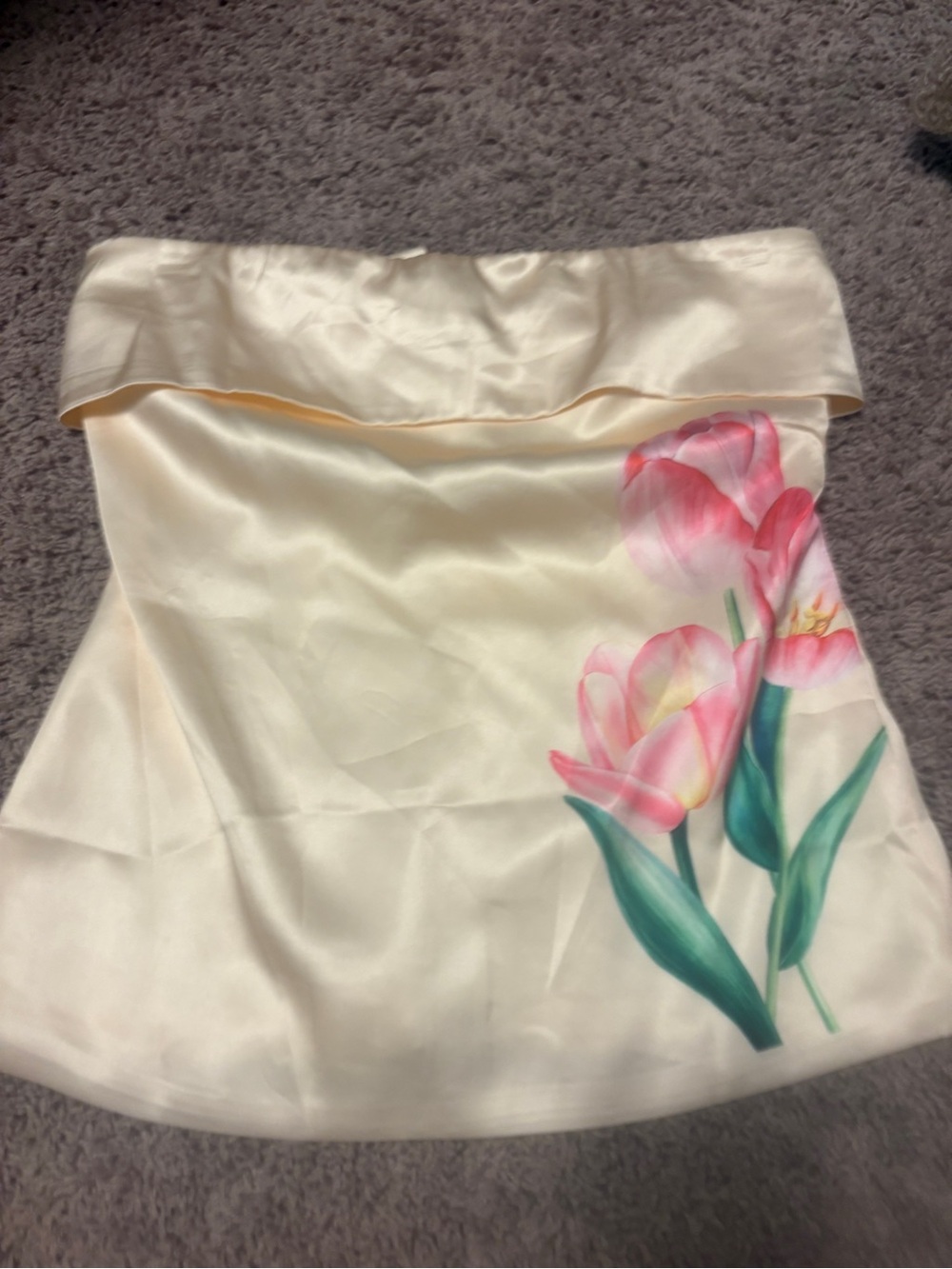 TCEC Yellow Strapless Floral Satin Top with Pink Tulips